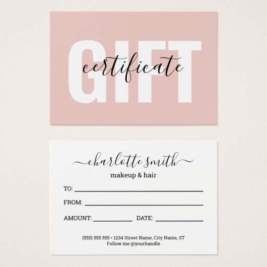 Trendy Girly Blush Pink Business Gift Certificate (正面&裏面)