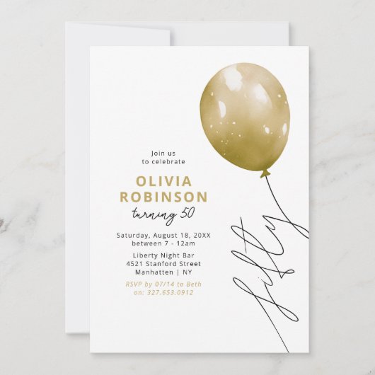 Trendy Gold Balloon 50th Birthday 招待状 (正面)