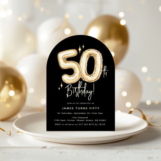 Trendy Gold Fifty Balloons 50th Birthday Party 招待状
