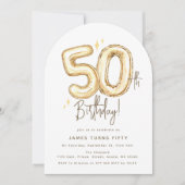 Trendy Gold Fifty Balloons 50th Birthday Party 招待状 (正面)