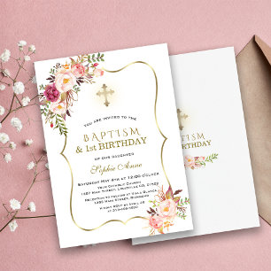Trendy Gold Pink Floral Baptism First Birthday 招待状