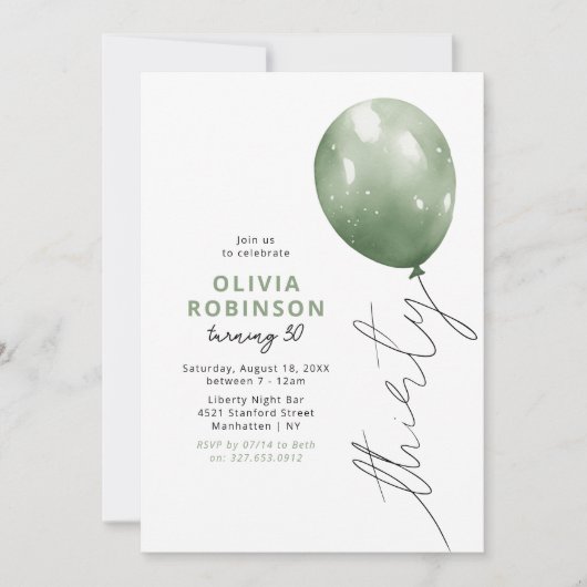 Trendy Green Balloon 30th Birthday 招待状 (正面)