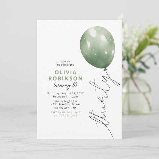 Trendy Green Balloon 30th Birthday 招待状 (スタンド正面)