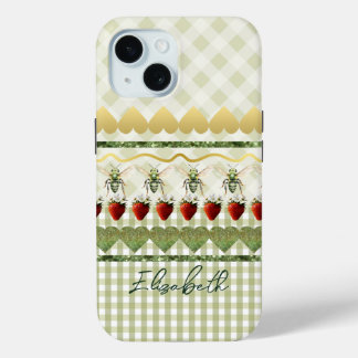 Trendy Green Plaid and Checks Bees Hearts Monogram iPhone 15ケース