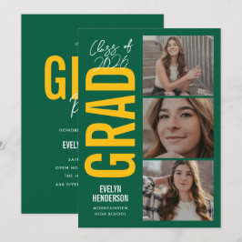 Trendy Green Yellow 3 Photo Graduation Party 案内状