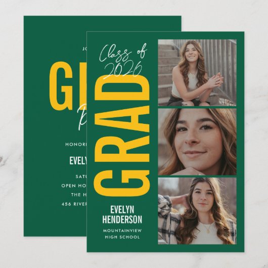 Trendy Green Yellow 3 Photo Graduation Party 案内状 (正面/裏面)