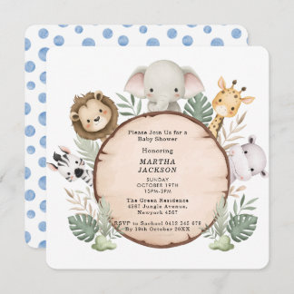 Trendy Greenery Jungle Safari Animals Baby Shower 招待状