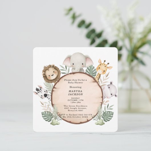 Trendy Greenery Jungle Safari Animals Baby Shower 招待状 (スタンド正面)
