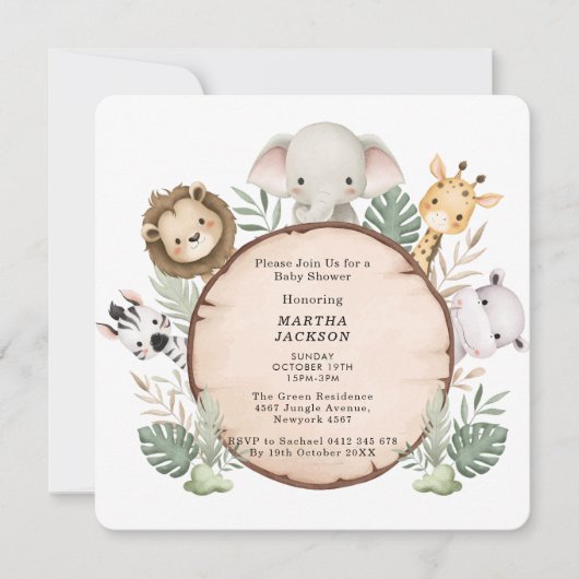 Trendy Greenery Jungle Safari Animals Baby Shower 招待状 (正面)