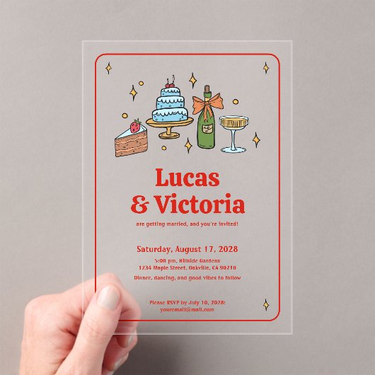 Trendy Hand Drawn Bold Red Whimsical Wedding アクリル招待状 (インサイチュ (ポータブル))