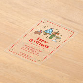 Trendy Hand Drawn Bold Red Whimsical Wedding アクリル招待状 (レイダウン)