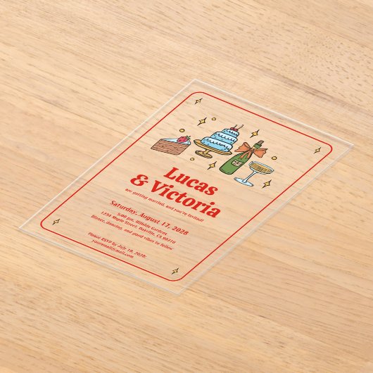 Trendy Hand Drawn Bold Red Whimsical Wedding アクリル招待状 (レイダウン)