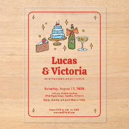 Trendy Hand Drawn Bold Red Whimsical Wedding アクリル招待状