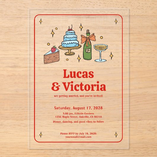 Trendy Hand Drawn Bold Red Whimsical Wedding アクリル招待状 (正面)