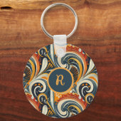 Trendy Hip Retro Orange Deep Teal Swirls Monogram  キーホルダー (正面)
