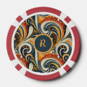 Trendy Hip Retro Orange Deep Teal Swirls Monogram  ポーカーチップ (裏面)