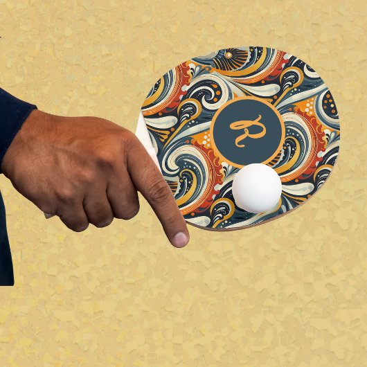 Trendy Hip Retro Orange Deep Teal Swirls Monogram  卓球ラケット