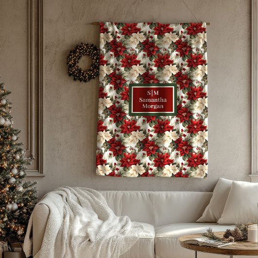 Trendy Holiday Blanket Custom Name Poinsettia フリースブランケット
