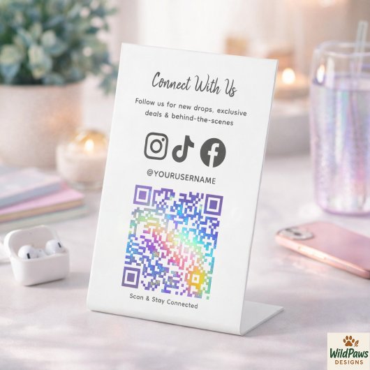 Trendy Holographic QR Code | Connect With Us  台座サイン
