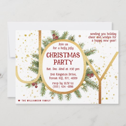 Trendy Joy Pine Boughs Wreath Christmas Party 招待状 (正面)
