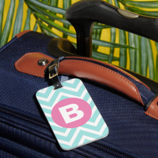 Trendy Light Blue Chevron Pink Monogram ラゲッジタグ