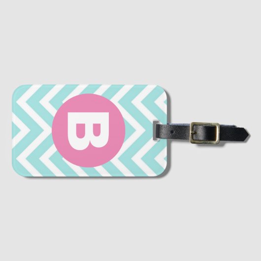 Trendy Light Blue Chevron Pink Monogram ラゲッジタグ (正面横)