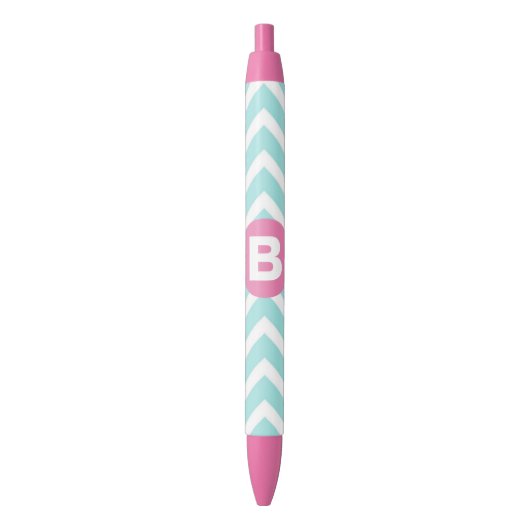 Trendy Light Blue Chevron Pink Monogram 黒ボールペン (正面縦)