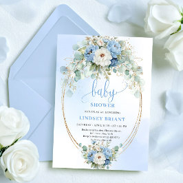 Trendy Light Blue Flowers Greenery Baby Shower  招待状