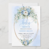 Trendy Light Blue Flowers Greenery Baby Shower  招待状 (正面)