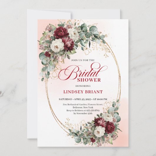Trendy Maroon Floral Gold Accent Bridal Shower 招待状 (正面)
