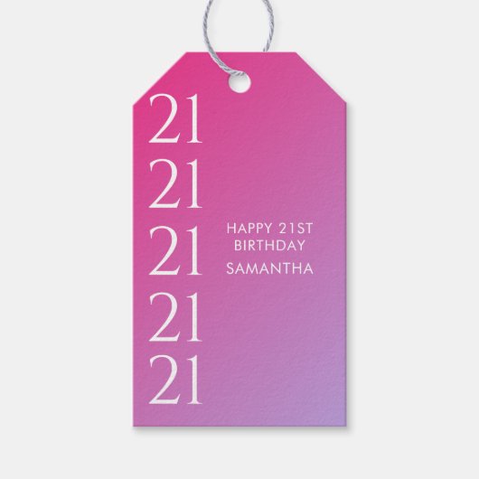Trendy Modern Bold Pink Gradient 21st Birthday ギフトタグ (正面)