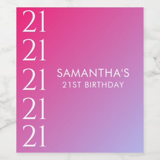 Trendy Modern Bold Pink Gradient 21st Birthday ワインラベル (シングルラベル)