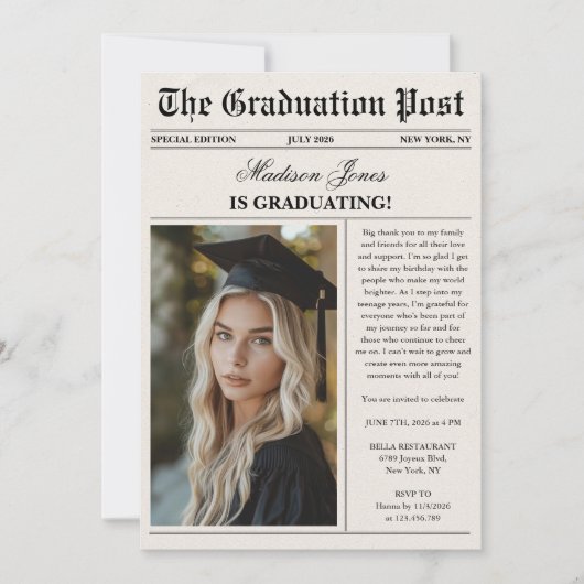 Trendy Modern Fun Photo Graduation  招待状 (正面)