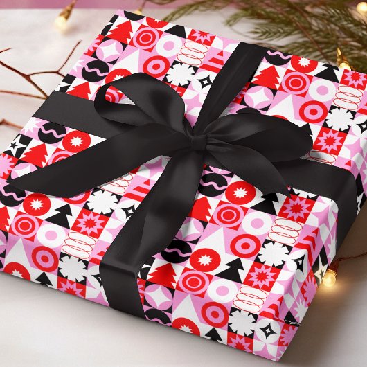 Trendy Modern Geometric Christmas Pattern Red Pink ラッピングペーパー