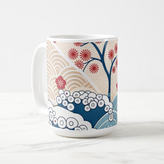 Trendy Modern Japanese Wave & Sakura Pattern  コーヒーマグカップ (正面左)