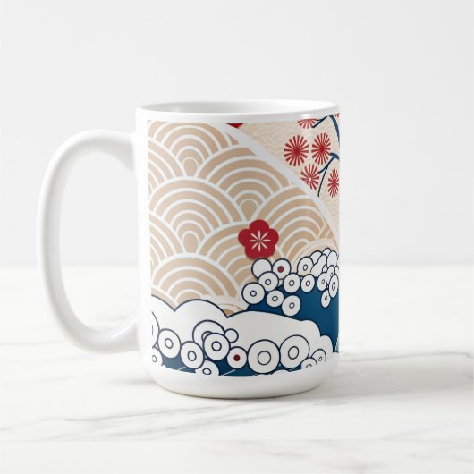 Trendy Modern Japanese Wave & Sakura Pattern  コーヒーマグカップ (左)
