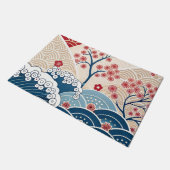 Trendy Modern Japanese Wave & Sakura Pattern  ドアマット (アングル)