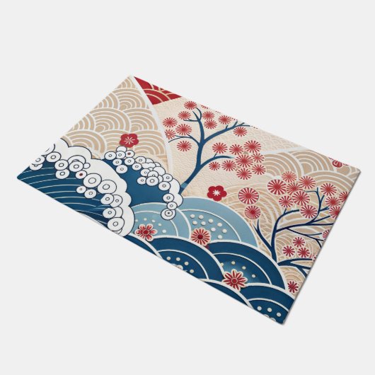 Trendy Modern Japanese Wave & Sakura Pattern  ドアマット (アングル)
