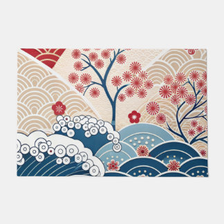 Trendy Modern Japanese Wave & Sakura Pattern  ドアマット