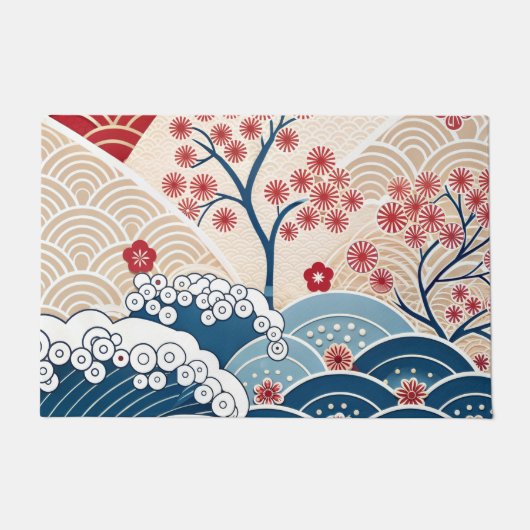 Trendy Modern Japanese Wave & Sakura Pattern  ドアマット (正面)