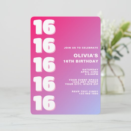 Trendy Modern Pink Gradient 16th Birthday 招待状 (スタンド正面)