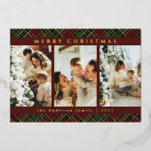 Trendy Modern Red and Green Tartan Christmas Photo 箔シーズンカード (正面)