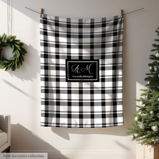 Trendy Monochrome Checkered Blanket Custom Name フリースブランケット