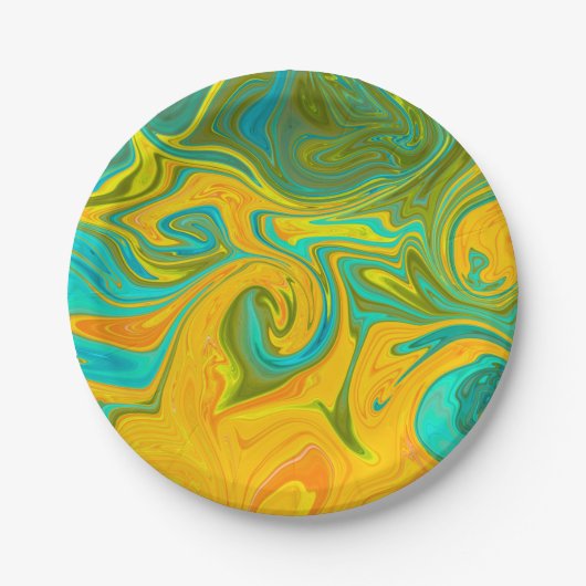 Trendy Neon Yellow Orange Green Abstract Swirl ペーパープレート (正面)