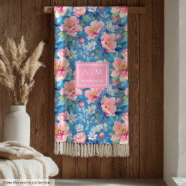 Trendy pastel blue and pink watercolor monogram フリースブランケット