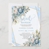 Trendy Pastel Blue White Floral Sweet Sixteen 招待状 (正面)