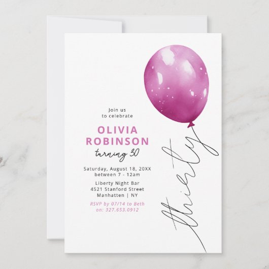 Trendy Pink Balloon 30th Birthday 招待状 (正面)