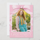 Trendy Pink Bow Graduation Photo Party 招待状 (正面)