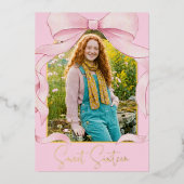 Trendy Pink Bow Sweet Sixteen Photo Birthday Party 箔招待状 (正面)