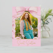 Trendy Pink Bow Sweet Sixteen Photo Birthday Party 箔招待状 (立ち正面)